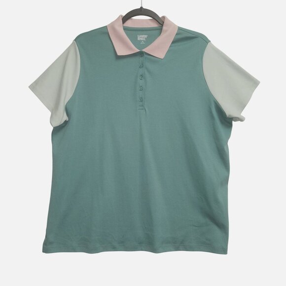 Lands End Womens Polo Shirt 1X 16W-18W Green & Pink Cotton/Spandex 4020 - Picture 1 of 7